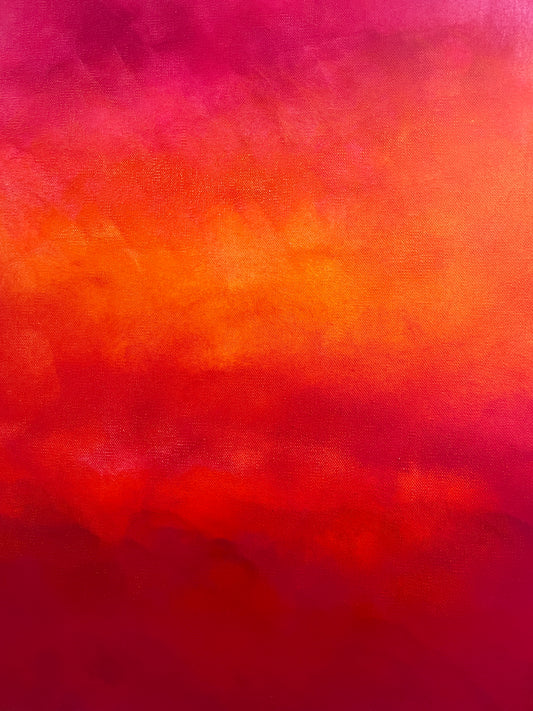 Närbild av en tavla där man ser penseldrag i mjuka molnliknande övergångar mellan uttrycksfulla nyanser av röd, orange och rosa