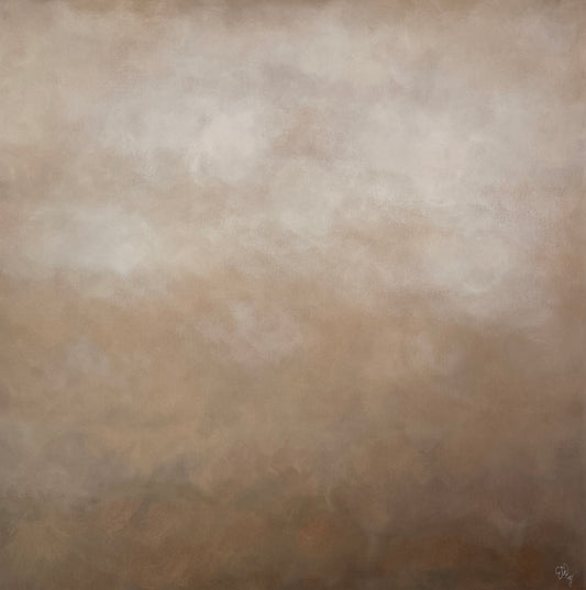 Närbild av ett abstrakt konstverk föreställande en mulen himmel i beige och brunt med skiftningar i vitt